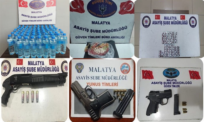 Malatya’da 38 Litre Kaçak Alkol, Hap, 5 Tabanca,1 Tüfek Fişek ve Kesici Alet Yakalandı