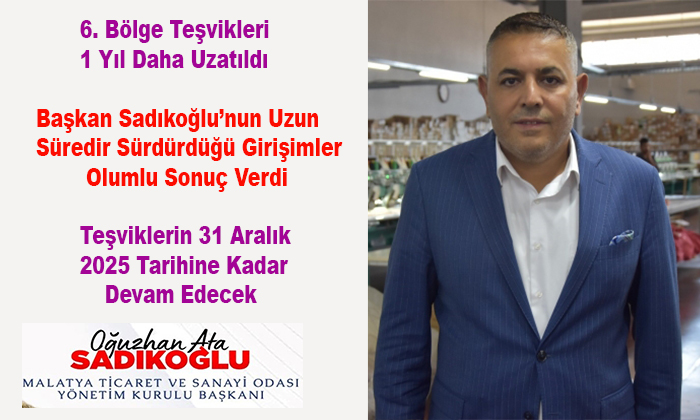 Malatya TSO Başkanı Sadıkoğlu’ndan Müjde;      6. Bölge Teşvikleri 1 Yıl Daha Uzatıldı