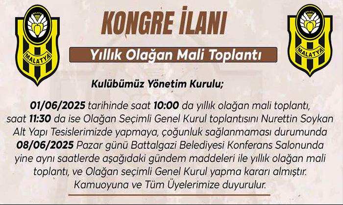 Yeni Malatyaspor 1 Haziran Pazar Günü Mali ve Seçimli Olağan Genel Kurul Yapacak